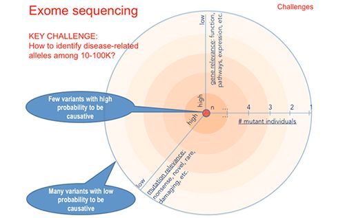 Exome Sequencing challenges diagram with challenges and key challenges how to identify disease-related alleles among 10-100k?